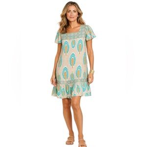 Nimo With Love Linen Ikat Print Dress Boho Resort Beach Embroidered Size XS